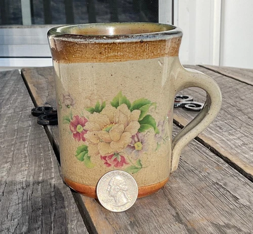Vintage Monroe Salt Works Mug Cup Pembroke Floral Pottery Flowers Pink Blue