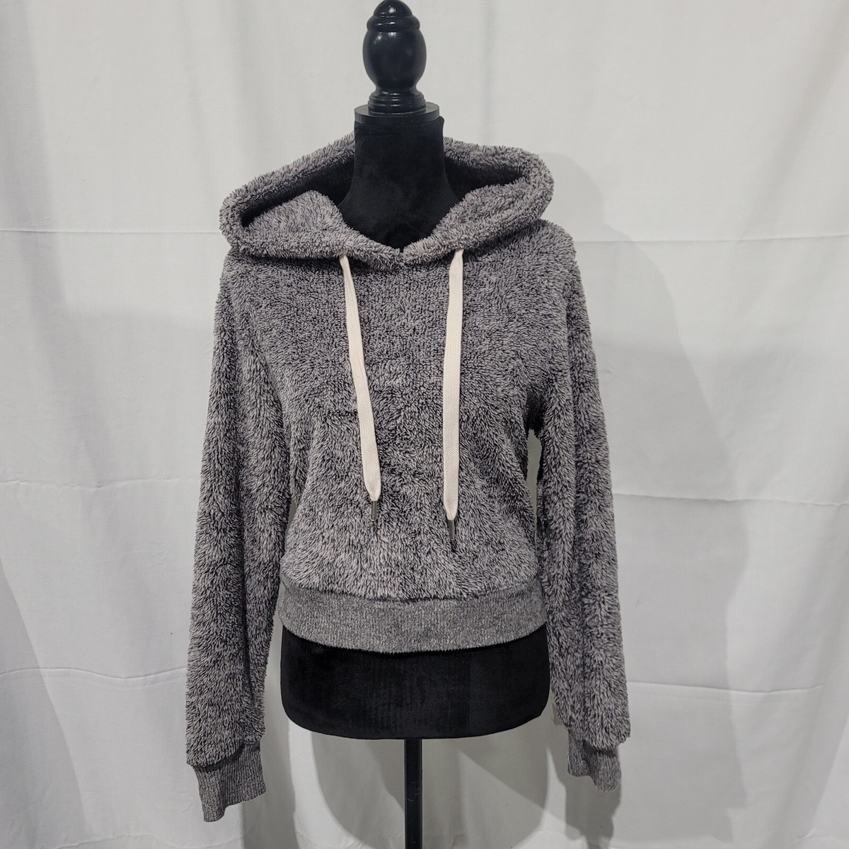 Miss Chievous Gray Teddy Bear Cropped Hoodie Size Large Fuzzy Sweatshirt