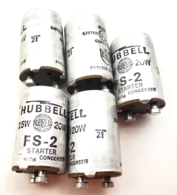 Lot of 5 Hubbell FS-2 Fluorescent Lamp Starters 15/20 Watts With Condenser FS2