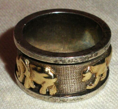 VINTAGE 14K GOLD & STERLING SILVER LION ELEPHANT DOLPHIN SPINNER RING SIZE7 tuvi - Afbeelding 1 van 10