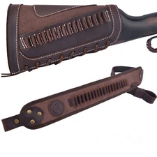 Rifle Leather Buttstock Shell Holder With Rifle Sling For.22 LR.17HMR .22MAG Set