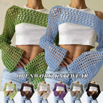Women's Cute Crochet Crop Top Y2K Knitted Long Sleeved Shawl