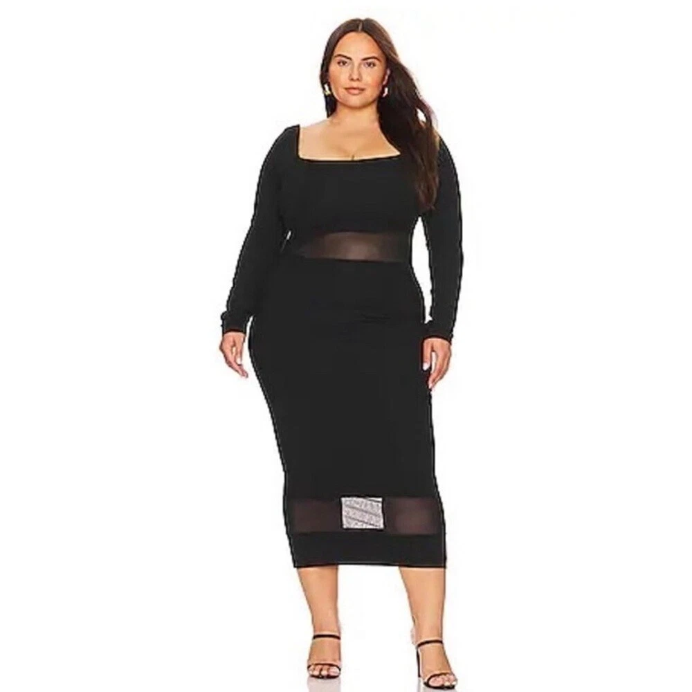 knee length dresses for ladies Black Mesh Long Sleeve Midi Dress