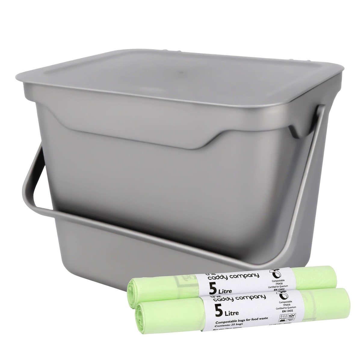 5L Silver Kitchen Compost Caddy/Food Waste Bin 50 x Litre Compostable  Bags