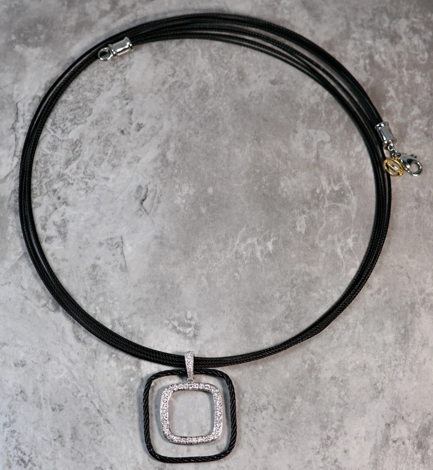 Collar Colgante Cuadrado Diamante Cable Negro Oro Blanco 18K ALOR Foto 4 de 4