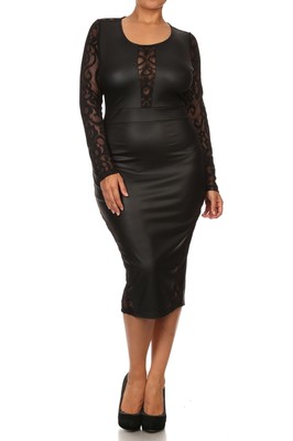 PLUS LONG SLEEVE FAUX LEATHER LACE CONTRAST BODYCON SEXY CLUB DRESS NEW 1X  2X 3X | eBay