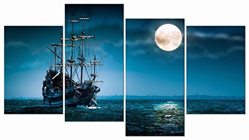 Night Moon Pirate Sailing Ship Wall Art Painting Canvas Picture Seascape Frame For Sale Online