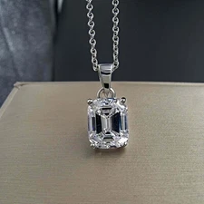 3Ct Emerald Cut Diamond Solitaire Pendant Solid 14K White Gold Finish Free Chain