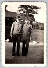 Vtg B W Snapshot Two Men In WW2 Military Uniforms Garrison Caps Outdoor 1940s