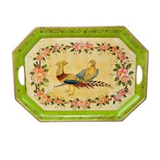 Vintage Dime Store Celadon Green Lacquerware Tray Bird Design 1960s 16x11 READ