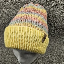 Handmade Knit Beanie Hat Toboggan M/L Pastel/Yellow Warm Winter Comfy Stretch
