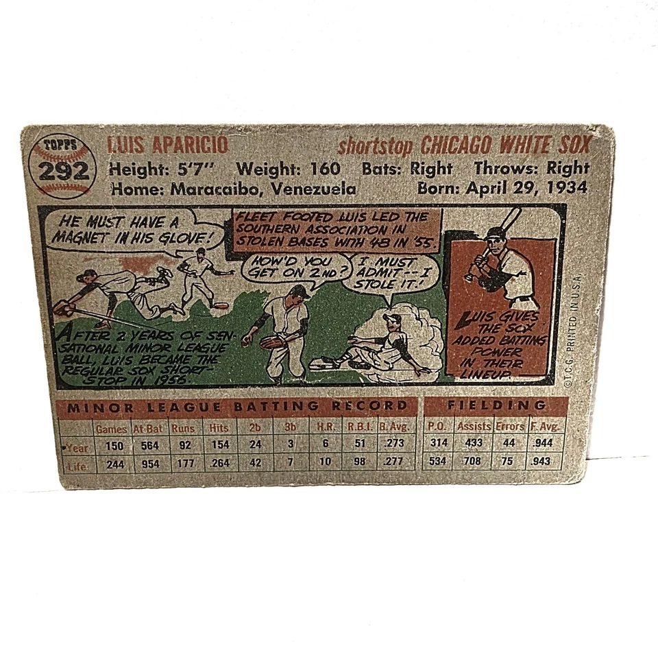 Luis Aparicio 1956 Topps Rookie Card #292 - Imagem 2 de 2