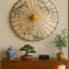 Vintage Asian Paper Parasol Hand Painted Floral Bamboo Umbrella Decorative Art