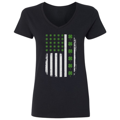 Vintage St Patricks Day Tee USA Flag Clover Leaf Star Ladies' V-Neck Tshirt