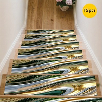 15pcs of Brown-Yellow Geometric Patterned Printed Stair Mats, Non-Slip Stair C