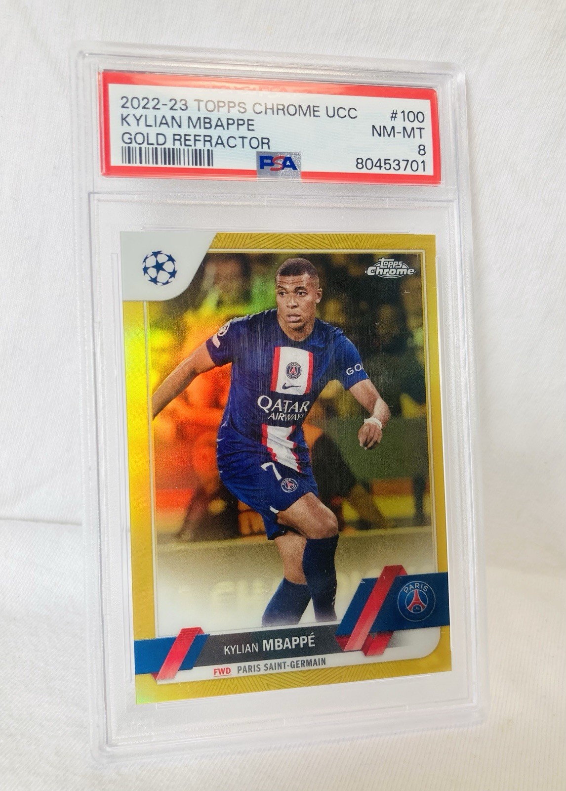 Kylian Mbappe 2022 Topps Chrome UCC #100 True Gold Refractor #/50 PSA 8 France view 5