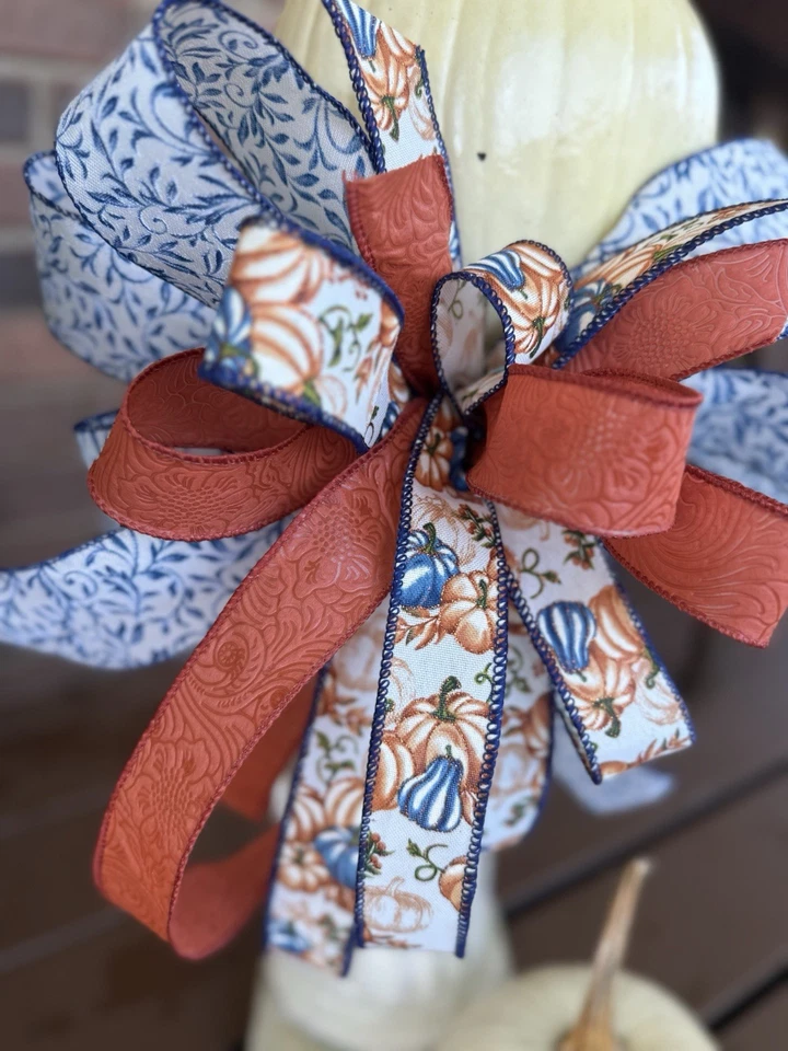 FALL PUMPKIN BOW for GRAPEVINE DOOR WREATH SWAG GARLAND MAIL FENCE - Image 4 of 4