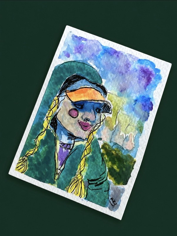 ACEO Original Abstract Portrait Woman Hiking Selfie Watercolor 2.5x3.5