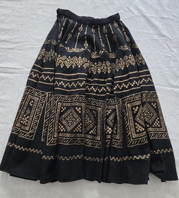 Vintage 1950s Wisco of London Black Wool Felt Skirt | Gold Stencil Graphic Print