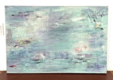 Vintage Original Abstract Lily Pond Landscape 36x24" Signed Harrie