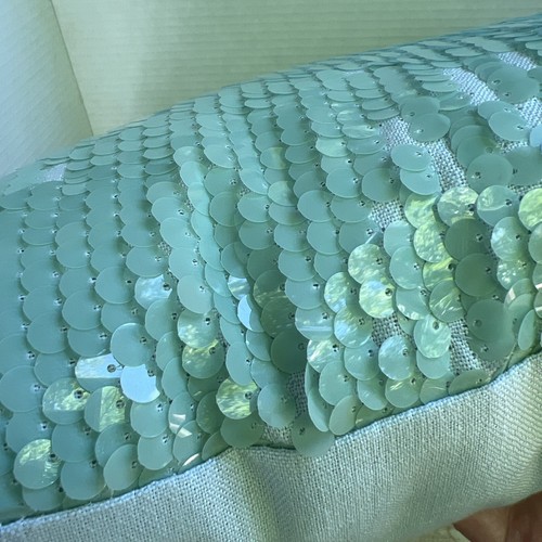 Lot of 2 Seafoam Green Sequin Throw Pillows 17x17 Decorative Scales - Picture 12 of 17