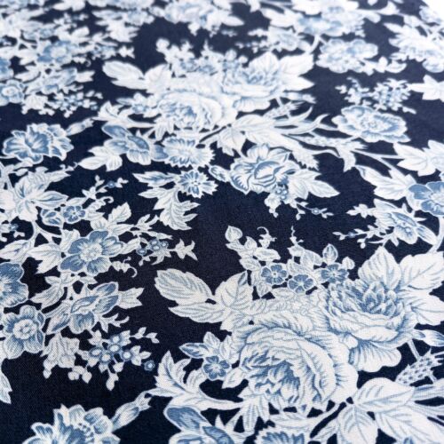 Navy Blue Tonal Floral 100% Cotton Poplin Printed Fabric - Blue & White Flowers - Picture 5 of 7