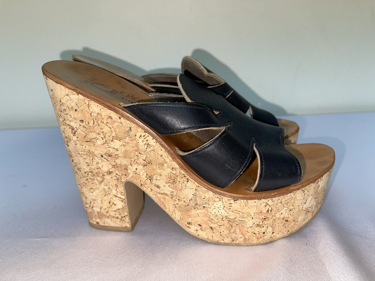 K Jacques Tropez cork Platform Sandals Black Leather Sz 39