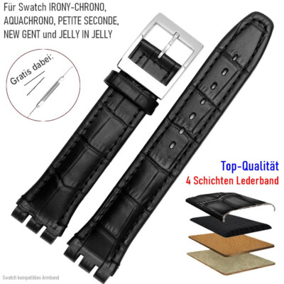 Leder-Armband, passend für SWATCH Irony-Chrono/Aquachrono/New Gent, 19mm Schwarz