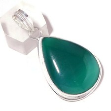 Russian Green Onyx Cabochon Pear Gemstone Silver Overlay Handmade Pendant A2682