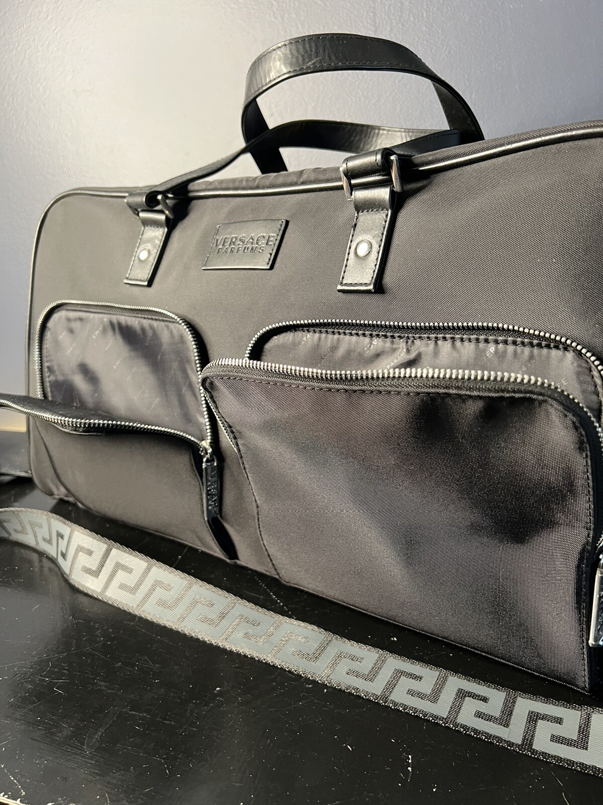 VERSACE Parfums Greca Black / Silver Duffle Bag Overn… Gem