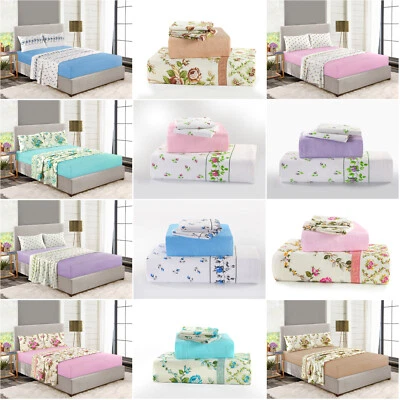 Flannelette 100% Brushed Cotton Floral Fitted & Flat Sheet Set With Pillowcases
