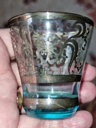 Rare Antique Venetian Decanter & 6 Shot glasses, Silver Overlay, Turquoise Glass - Picture 5 of 13