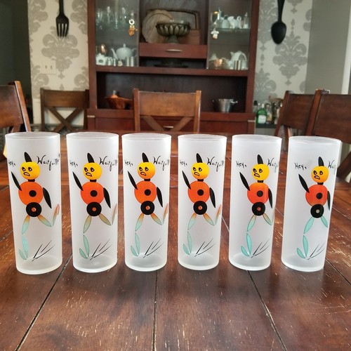 (6) Federal VTG Zombie Robot Hey Wait For Me Tom Collins Tall Frosted Glasses