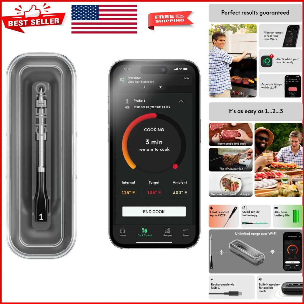 Bluetooth Meat Thermometer with Quad Sensors & Ultra-Thin Probe for Precision