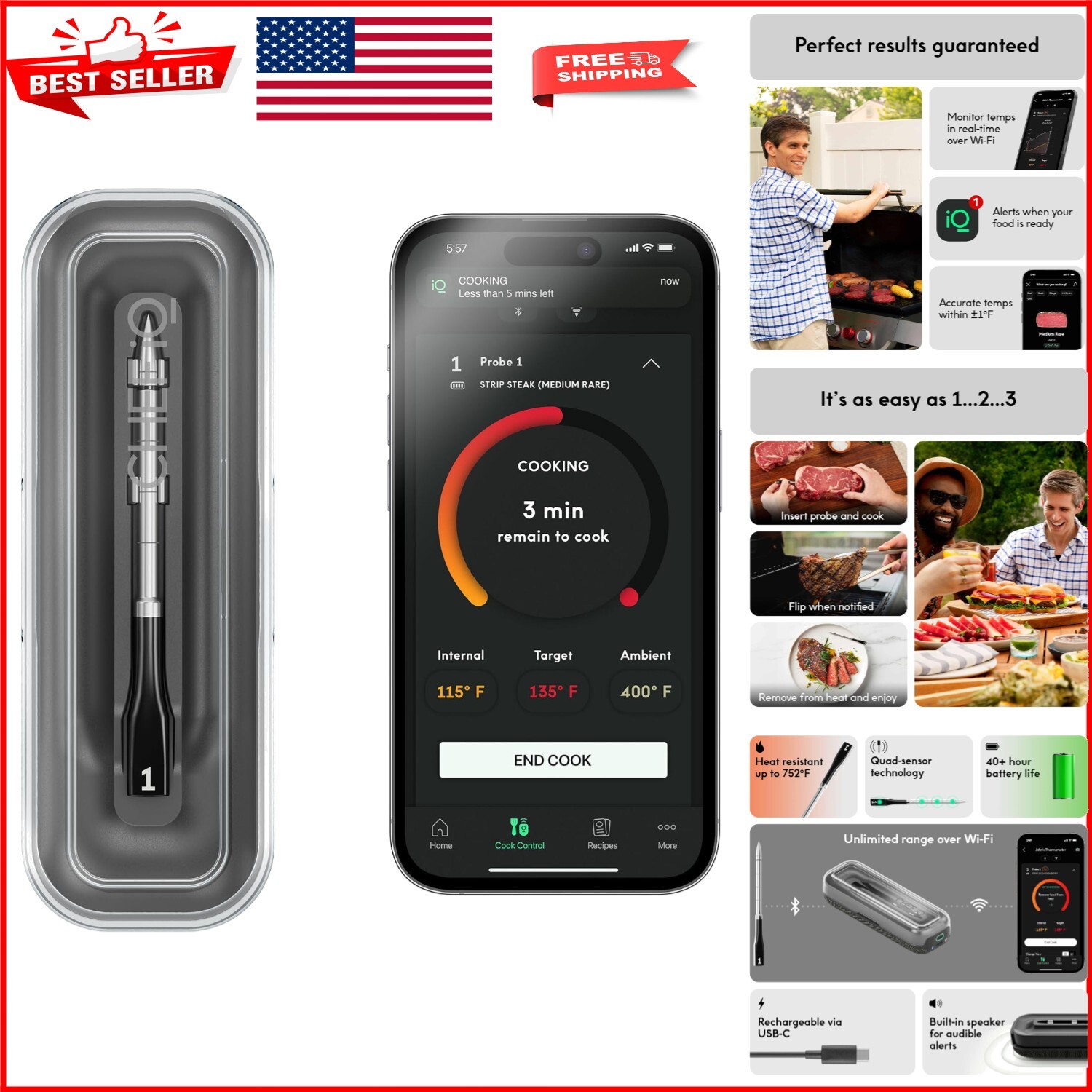 Bluetooth Meat Thermometer with Quad Sensors & Ultra-Thin Probe for Precision-image