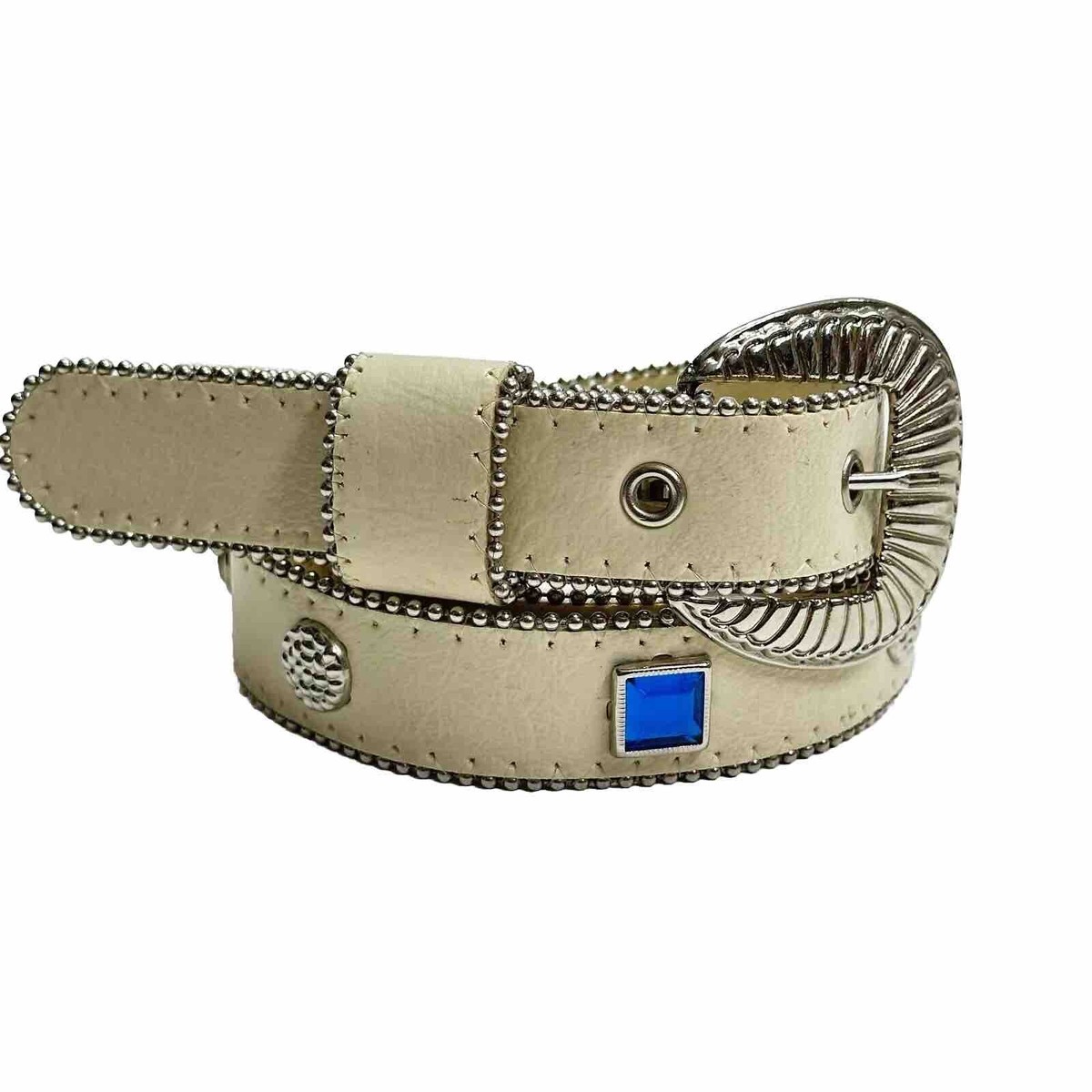 Western Bling Dress Belt Women M Cream Leather Multicolor Gem Silver Tone Buckle