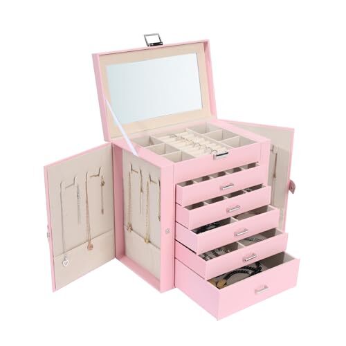 Jewelry Box for Women, 6 Layer Lockable Large Jewelry Holder Organizer Pink-image