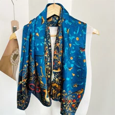 100% Pure Satin Silk Wrap Scarf Shawl Flower Bird Print Hand rolled Kerchief 43"