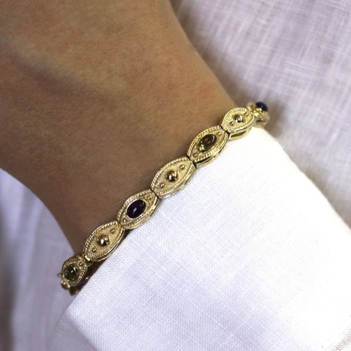 3 ctw Natural Purple Amethyst & Green Peridot Solid 14k Yellow Gold Bracelet 7" - Picture 8 of 10