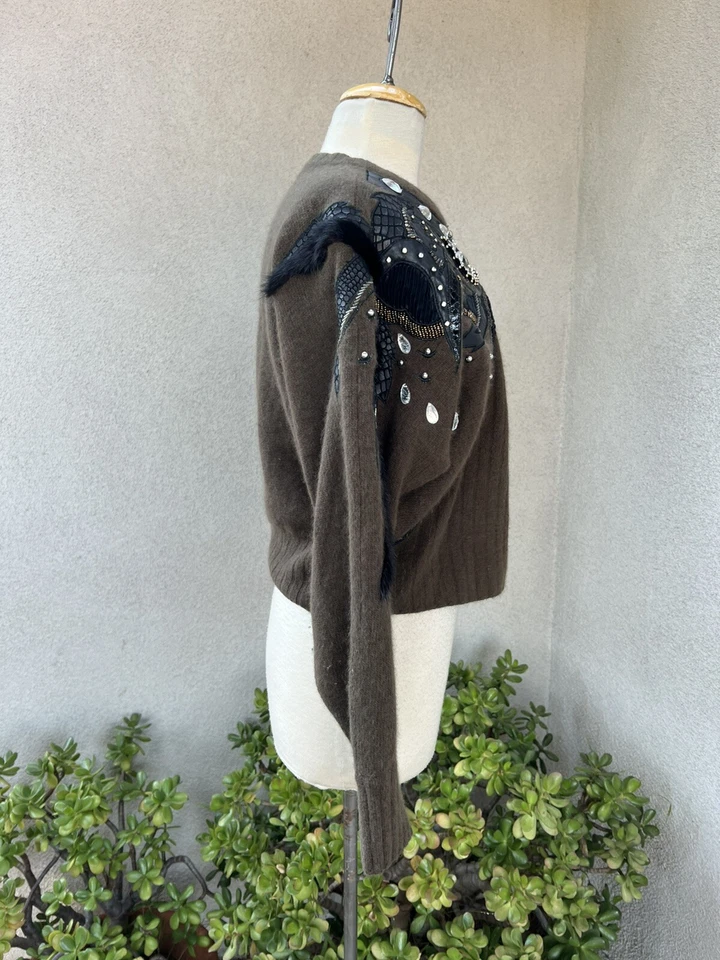 Suéter Vintage Erez Años 80 Lana Adorno Cuero Piel Cuentas Pequeño Foto 3 de 4