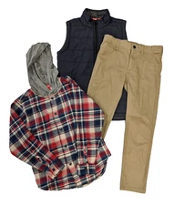 Union Bay Boys 3pc Outfit Set- Flannel Hoodie, Puffer Vest, Jeans Assorted Color