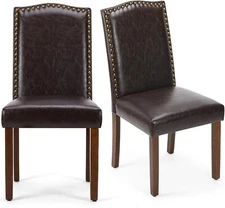 2Pcs Upholstered Modern Dining Chair Fabric Leather Nailhead Trim Wood Leg Chair