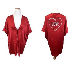 Victoria Secret  s New One Size Red Love Heart Satin Ruffle Flounce Kimono Robe