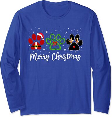 Santa Wreath Reindeer Cat Dog Paw Print Christmas Long Sleeve T-Shirt