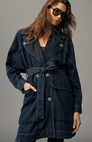 Anthropologie Pilcro Oversized Draped Dolman Denim Trench Coat Belt Dark 2X NWT
