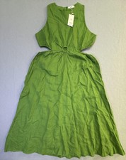 Mango Dress Womens XXS Green Linen Cutout Waist Ring Maxi Sundress Summer