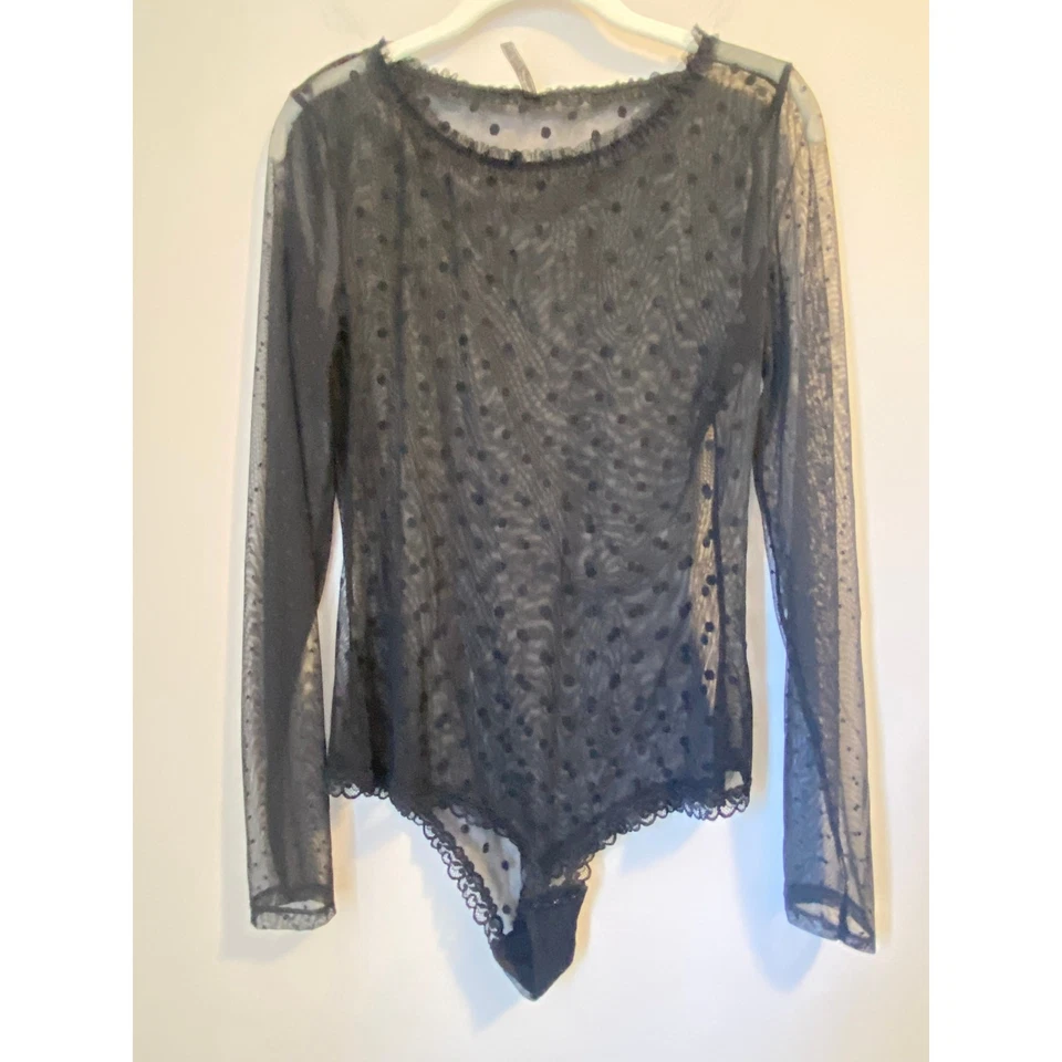 NWOT Intimissimi Long Sleeve Bodysuit tulle black polka dot ruffled neckline M - Image 2 of 4
