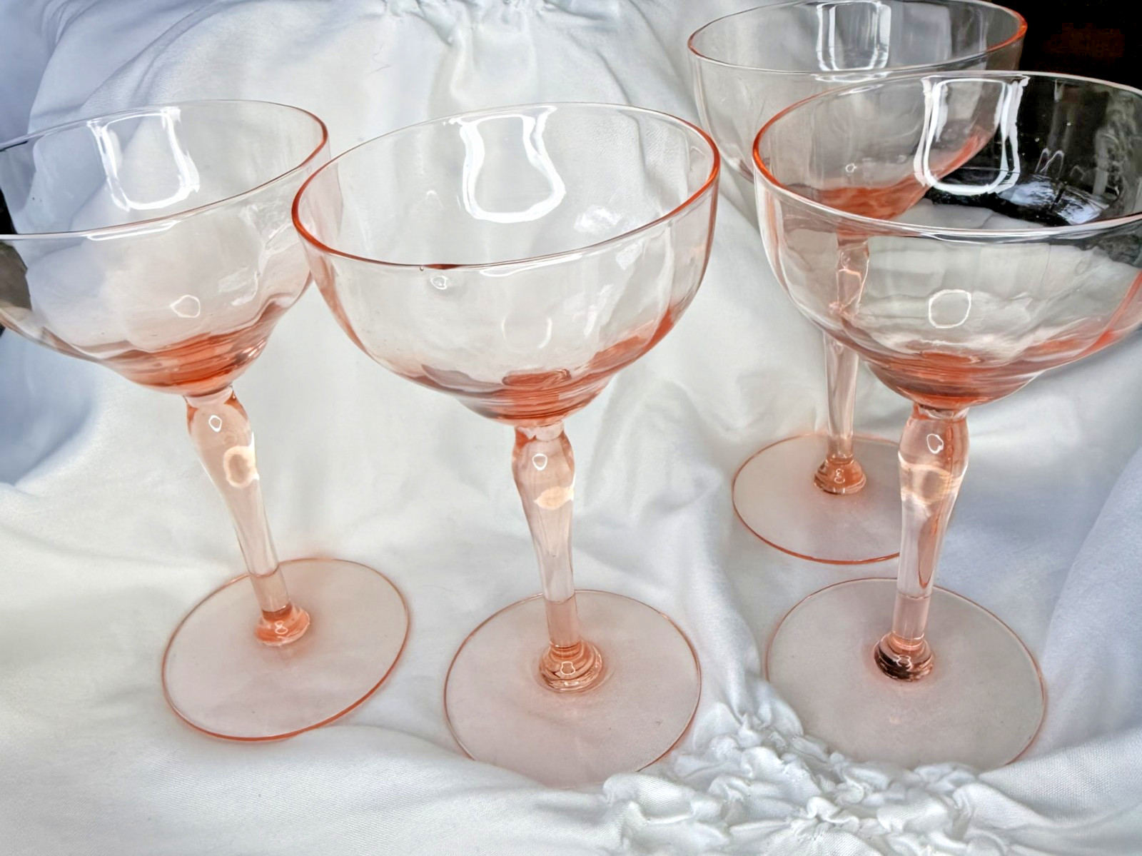 Vintage Pink Depression Glass Stemmed Wine Glasses, ribbed. Charming display!