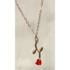 Delicate Gold Tone Rose Necklace Red Flower Pendant 14  16" Minimalist