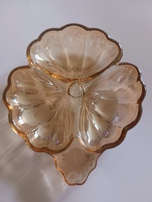 Jennette Glass  Iridescent Carnival 3 Section Dish Amber 7.5×6.75 